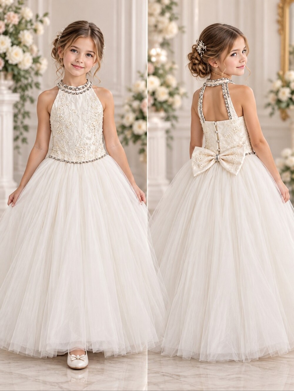 NWT Christie Helene Luxury Designer Beaded Big Bow Flower Girl Communion Gown 8